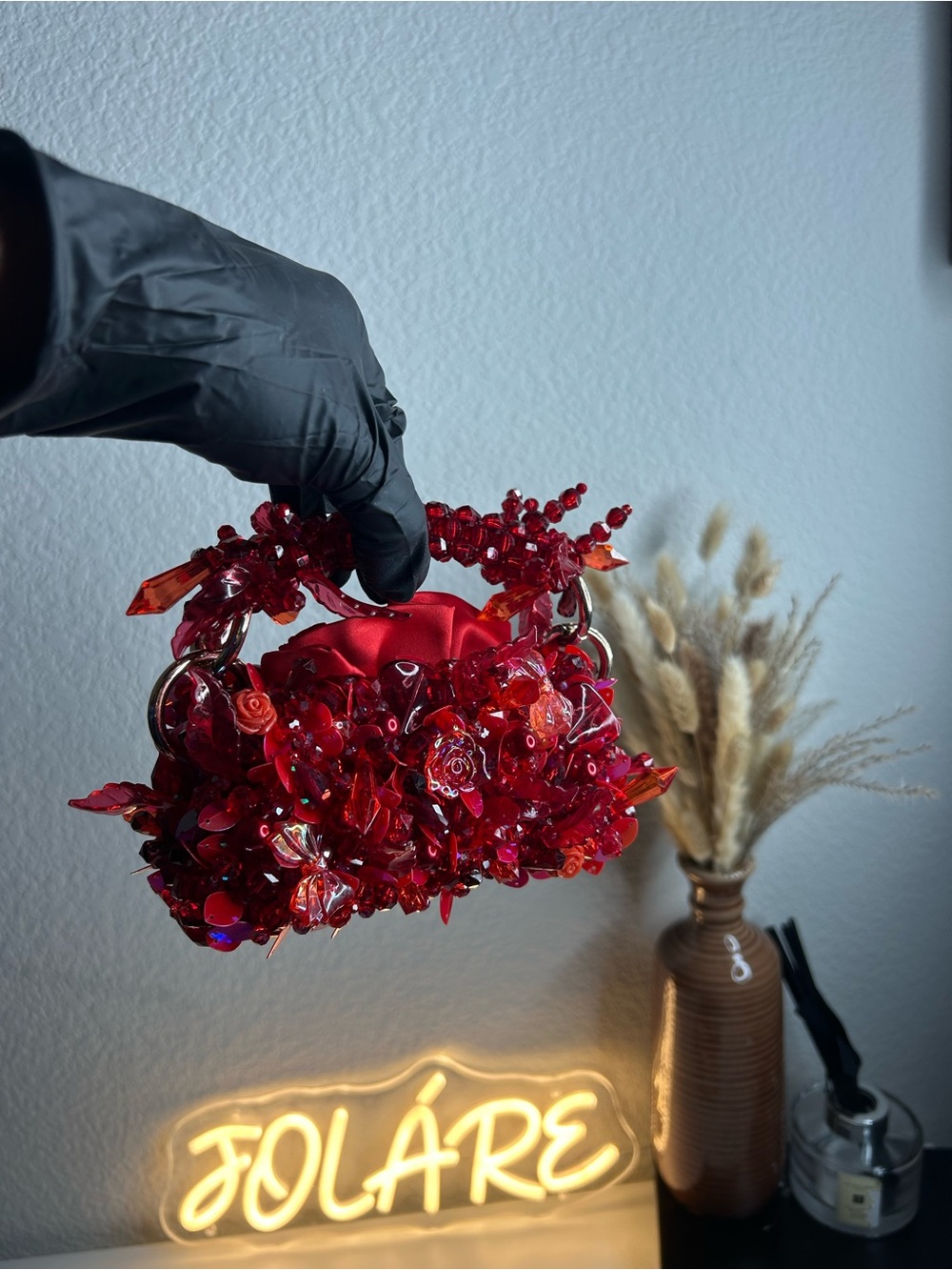Red Beaded Floral Mini Bag -